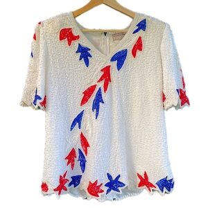 Vintage Beaded Sequin Red White & Blue Blouse Padded Shoulder 4th of July USA
